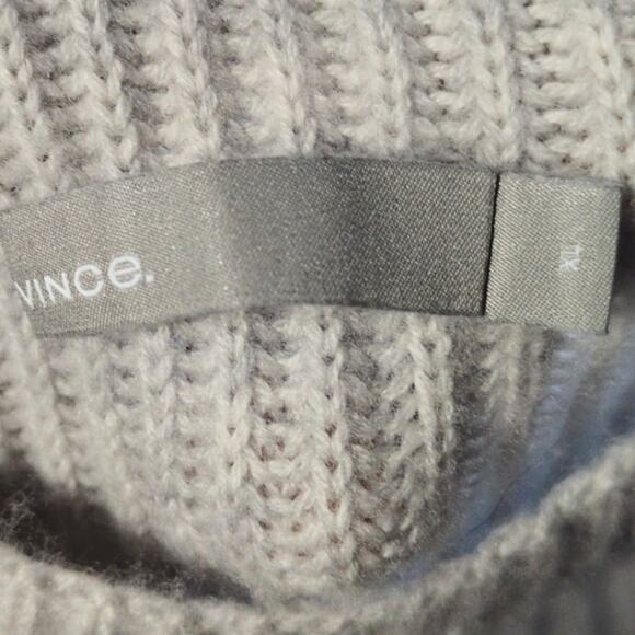 Vince Cashmere Sweater Womens XL Gray Tan Funnel Neck Wool Ribbed Button Sleeve - Picture 6 of 9